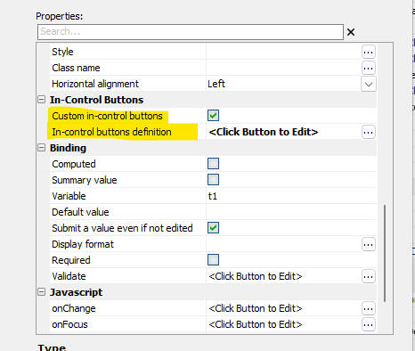 The Custom in-control buttons property in the JSON Form builder.